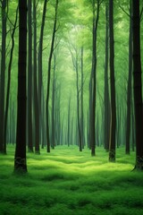 a close up of a forest with a green grass field