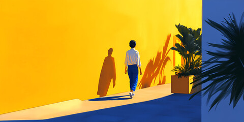 Obraz premium Woman Walking Away From Shadow on Yellow Wall 