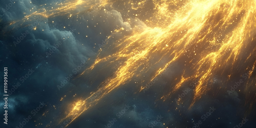 Poster celestial spark: a mesmerizing abstract backdrop featuring a vibrant golden stream of light cascadin