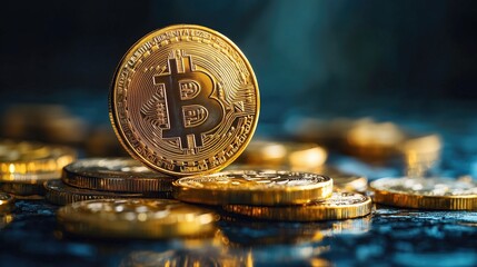 A collection of gold Bitcoin coins stacked and scattered, representing cryptocurrency wealth.