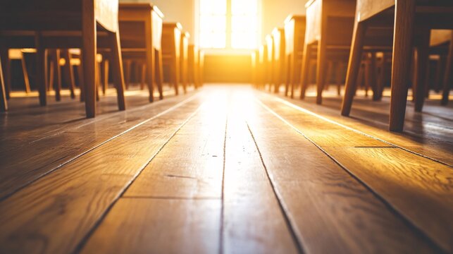 Sunlit Classroom Interior with Wooden Floor and Empty Desks