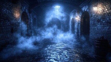 Naklejka premium Dark, misty cellar with brick walls and arched doorways.