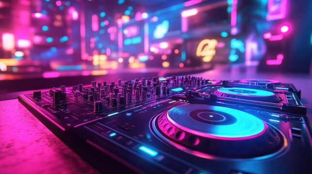 A DJ mixer with glowing buttons and turntables in a nightclub setting with a pink and blue light show in the background.