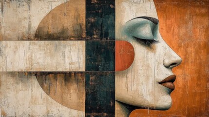 Geometric Abstract Portrait in Earth Tones with Textured Layers and Bold Circular Accent