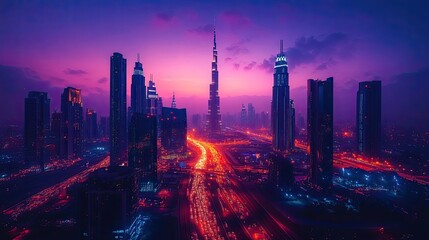 Fototapeta premium Dubai Skyline Illuminated at Twilight Cityscape