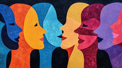 Colorful Abstract Faces in Profile Representing Diversity and Unity