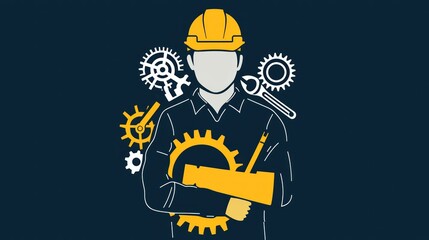 A graphic representation of an engineer icon, symbolizing the profession with tools and gears.