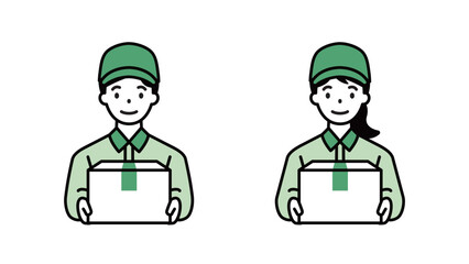 Delivery person with package, front, male/female, line width variable