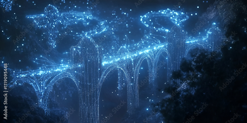 Poster mystical bridge of light: a luminous bridge, shimmering with celestial energy, arcs across a dark sk