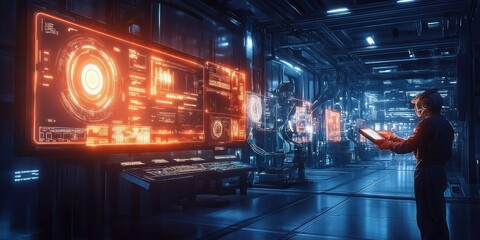 Fototapeta premium Futuristic Technology Concept Smart Factory Engineer Artificial Intelligence Cyberpunk Holographic Displays Industrial Automation Robotics