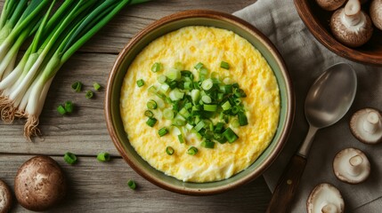 Creamy Egg Dish Topped with Chopped Green Onions and Mushrooms