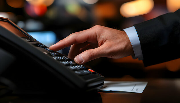 Close-up of a hand using a payment terminal, emphasizing the detail and precision of the action.  Ideal for illustrating financial transactions, technology, and business processes.