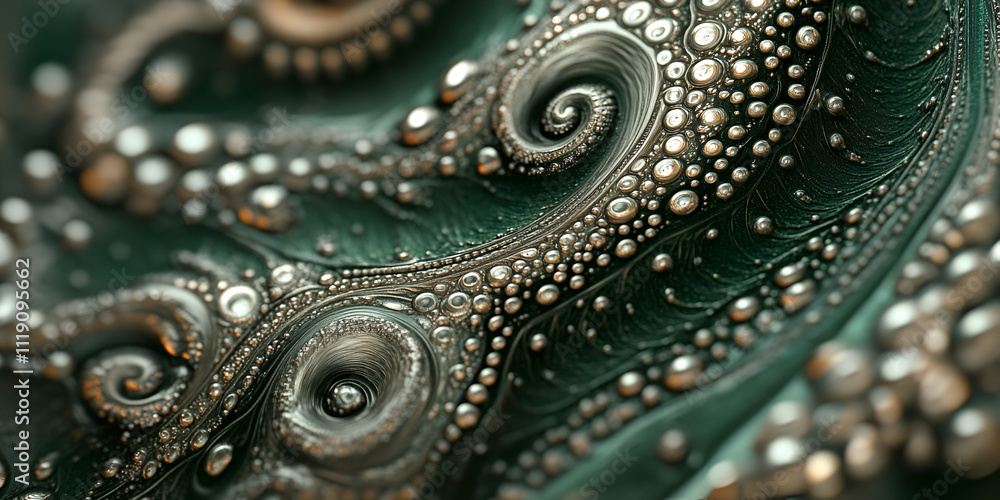 Poster Abstract Metallic Swirl:  A captivating macro shot of a mesmerizing abstract pattern, featuring swirling metallic tendrils with intricate beading, evoking a sense of depth and mystery.  