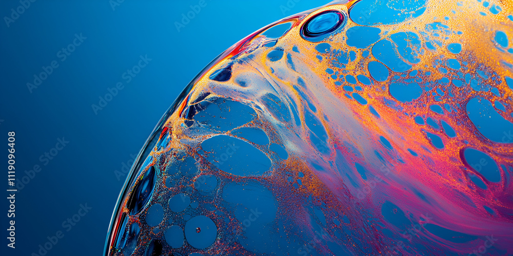 Poster abstract bubble symphony: a captivating close-up of a vibrant, iridescent bubble, showcasing intrica