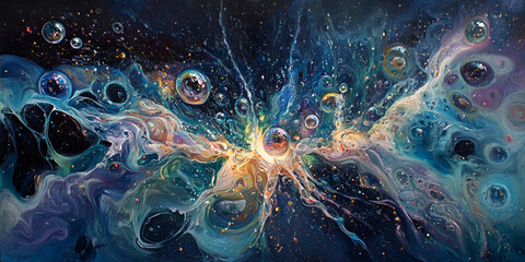 Fototapeta premium Cosmic Bloom: Abstract Acrylic Painting of a vibrant nebula explosion with iridescent bubbles. A mesmerizing display of color and texture.