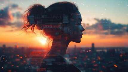 Woman Silhouette Against Sunset Skyline with Digital Data Overlays in Cyberpunk Style