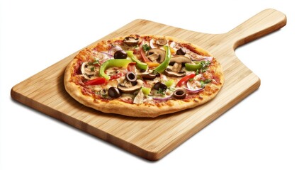 Freshly Baked Vegetable Pizza on Wooden Pizza Peel Board