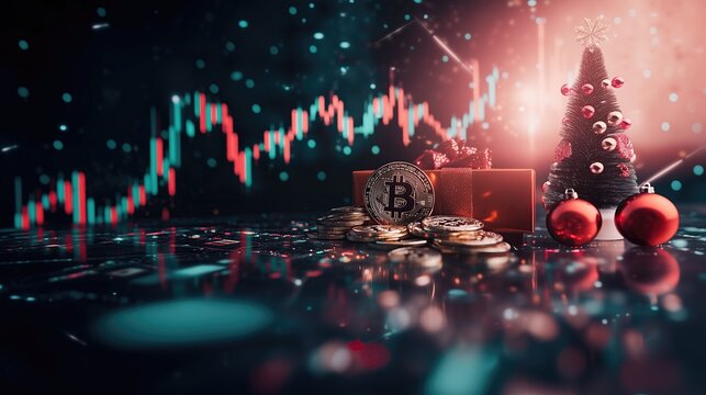 A festive scene combining cryptocurrency and holiday decor with a financial graph backdrop.
