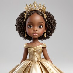 A Majestic Portrait: A Digitally Rendered Black Princess in a Golden Gown and Crown, Embodying Elegance and Royalty