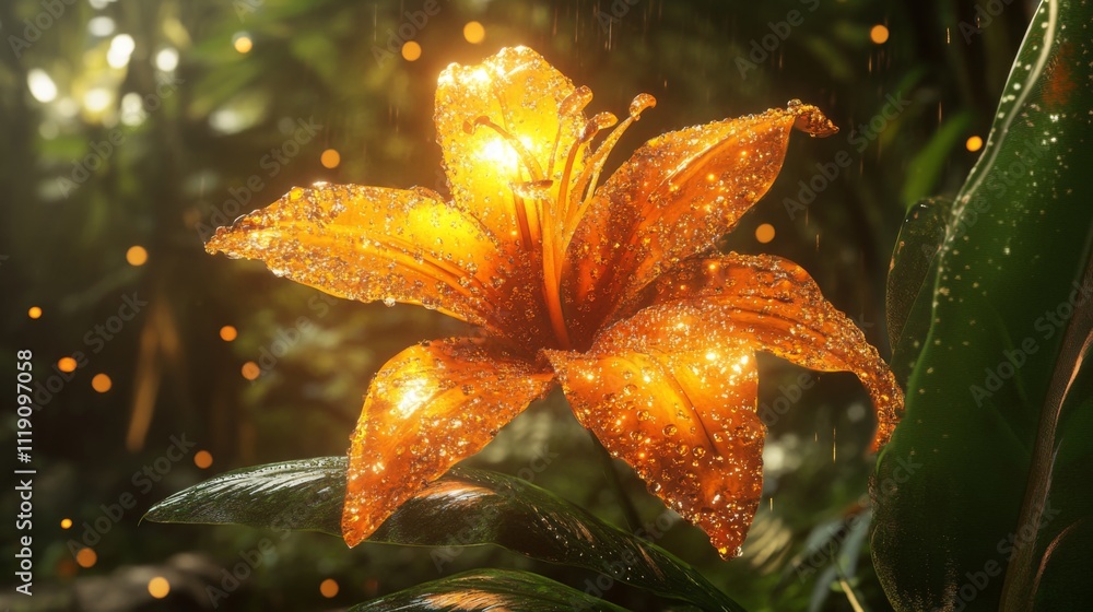 Poster glowing orange lily in rain with sparkling water droplets
