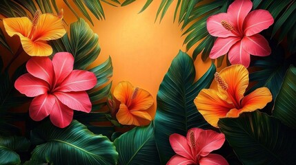 Tropical Floral Arrangement with Bright Pink and Orange Flowers and Large Green Leaves in Modern Botanical Style