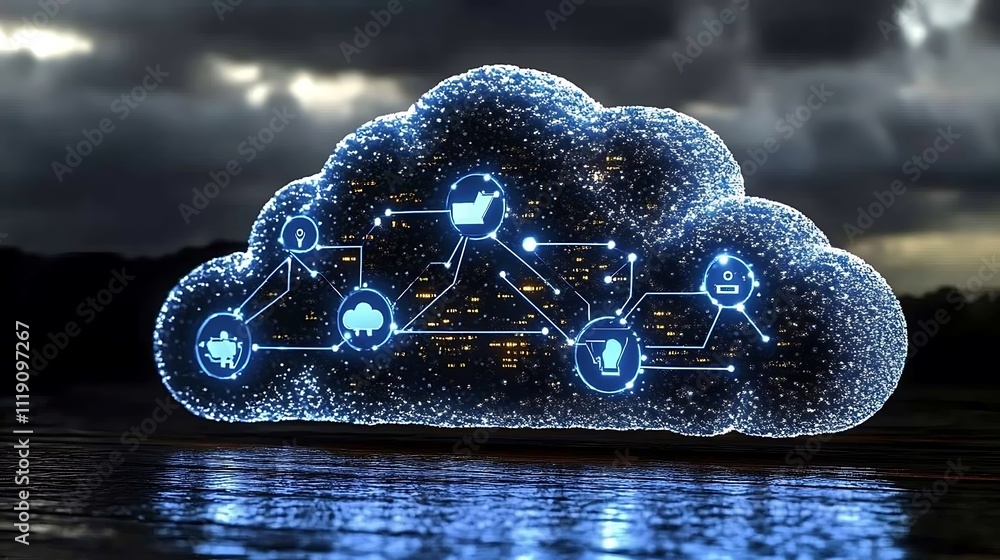 Aufkleber futuristic cloud computing network concept with digital icons and connections.