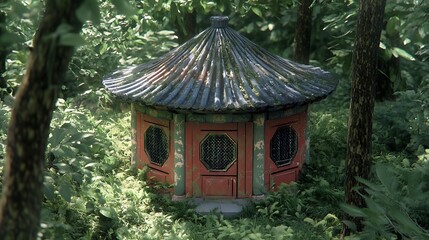 Overgrown Asian Style Pavilion In Lush Forest
