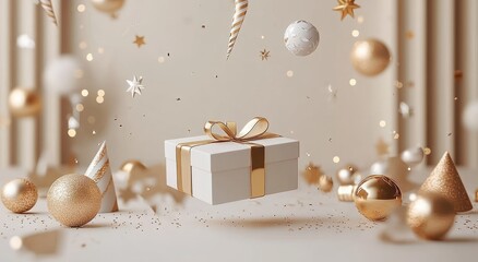 3D Render of Minimalistic Golden and White Gift Box with Xmas Decorations on Pastel Background for Merry Christmas Holiday