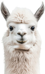 Obraz premium Close-up portrait of a white alpaca with fluffy fur, isolated on white. Adorable animal with curious expression, nature and wildlife concept