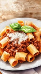 A plate of rigatoni pasta topped with meat sauce, grated cheese, and fresh basil.