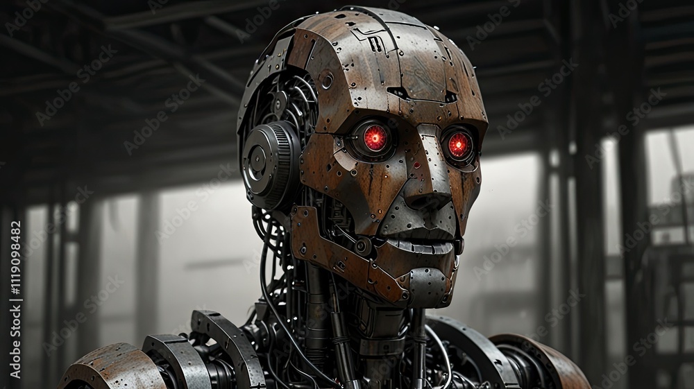 Poster a robotic figure with metallic features and glowing red eyes stands in a dark industrial setting sho