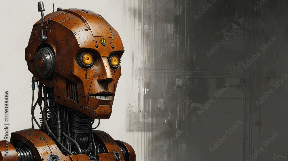 Poster the robot showcases intricate metallic design and bright glowing eyes standing in a dimly lit enviro