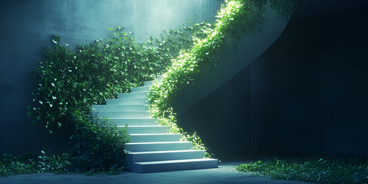 Path to Enlightenment: A mystical staircase cloaked in verdant foliage, bathed in ethereal light, beckons the viewer towards enlightenment and spiritual growth. The image evokes a sense of wonder.