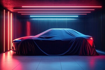 Sleek Covered Crossover SUV Hidden in Modern Showroom with Neon Lights