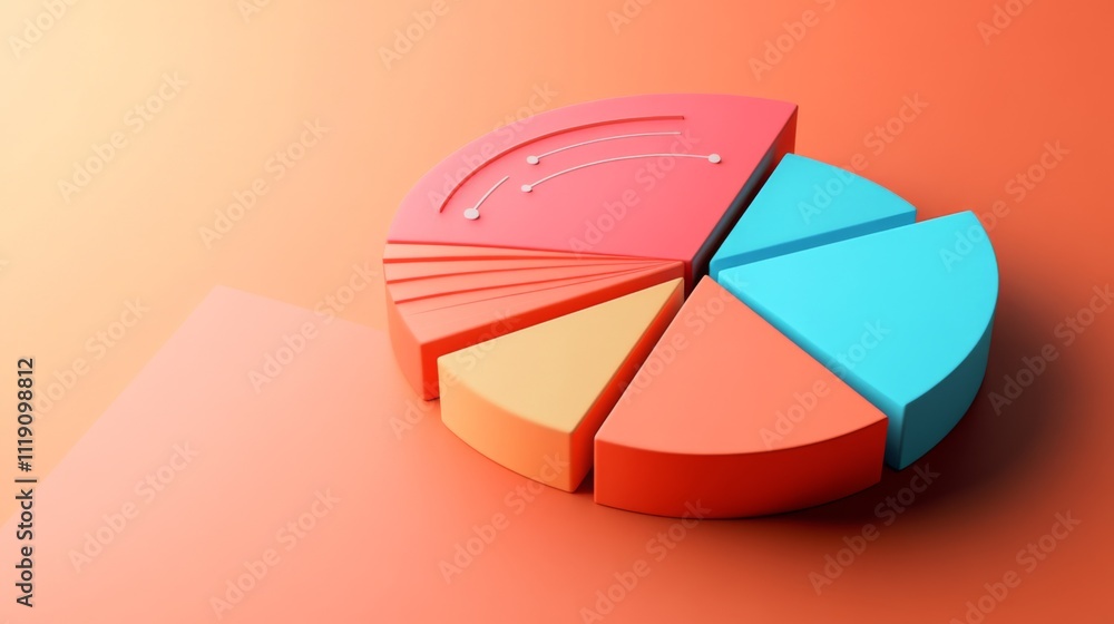 Poster vibrant 3d pie chart with sections and lines on colorful background