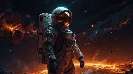 Fototapeta premium An astronaut stands confidently against a backdrop of colorful cosmic elements and swirling energy embodying the adventure of space exploration