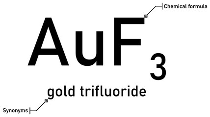 Gold trifluoride chemical formula and synonyms with callout titles