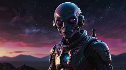 An alien figure with glowing purple eyes poses confidently amidst a stunning cosmic background at twilight showcasing intricate futuristic attire and features