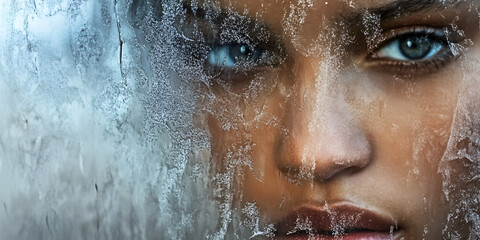 Fototapeta premium Frozen Gaze: A captivating portrait of a woman's face, partially obscured by a frosty windowpane, creating a mysterious and alluring atmosphere. Her intense gaze draws the viewer in. 