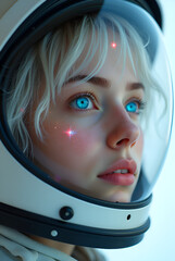 a close up of a woman with blue eyes wearing a white space suit with a helmet on her head and a sci - fi filament on her face.
