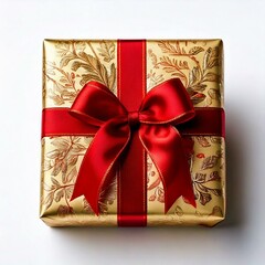 a Christmas present wrapped in gold paper with a red bow, isolated on white