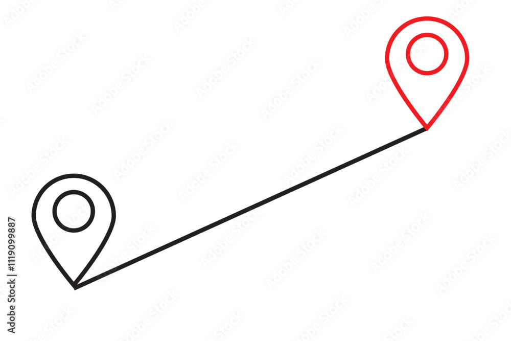 Poster route location icon. two pins, blue pin, red pointer and dashed line as concept of travel map naviga