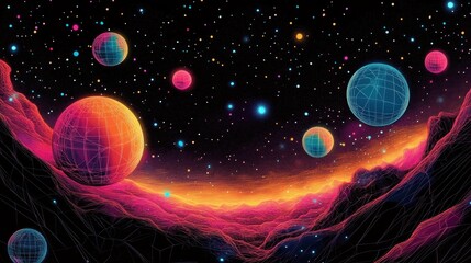 Futuristic Neon Cosmic Landscape with Glowing Spheres and Grid Pattern