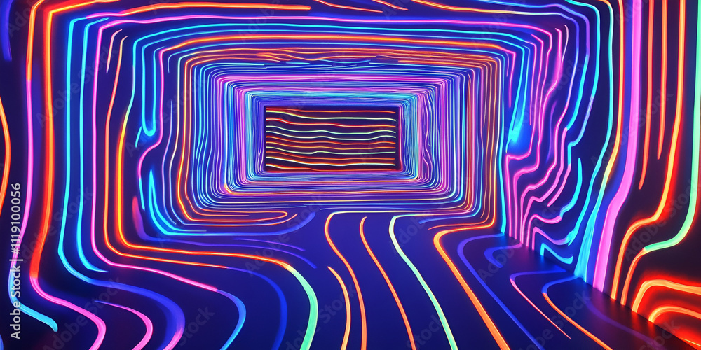 Poster neon tunnel: an abstract journey through a mesmerizing tunnel of vibrant neon lights. the pulsating 