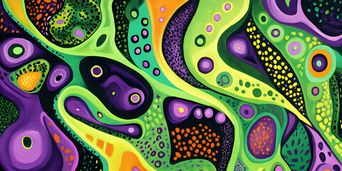 Abstract Organic Swirls: A vibrant and mesmerizing abstract digital painting with a swirling organic pattern in shades of green, purple, yellow, and orange.