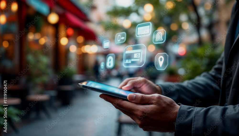 Poster a person's hand holding a tablet device with various digital security and technology icons floating 