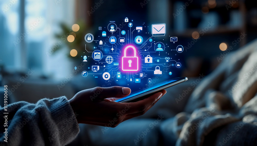 Poster a person's hand holding a tablet device with various digital security and technology icons floating 