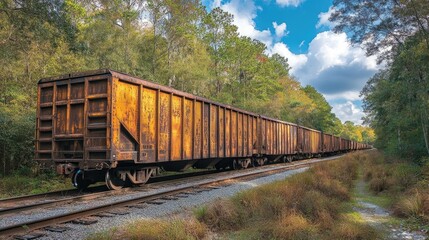 Fototapeta premium Rusty Freight Train Cars Through Wooded Landscape