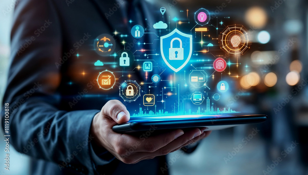Poster a person's hand holding a tablet device with various digital security and technology icons floating 