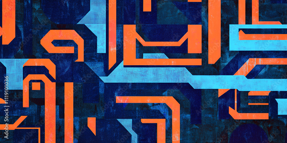 Poster Abstract Tech Circuitry:  A vibrant digital art piece featuring intersecting lines and geometric shapes in bold orange and teal hues, evoking a sense of technological innovation and complex systems. 